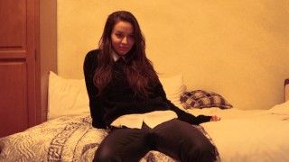 Fucked a Cute Student in Leather Pants on the Stairs in Entrance